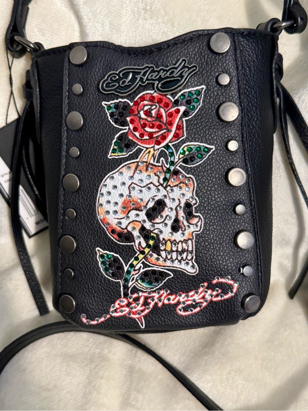 Ed Hardy Viral Edgy Black Bling Skull Studded Rhinestones Crossbody Pouch